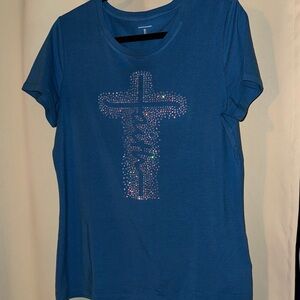 Amazon Essentials Teal Embellished Short Sleeve Tee”Faith” in crystal AB